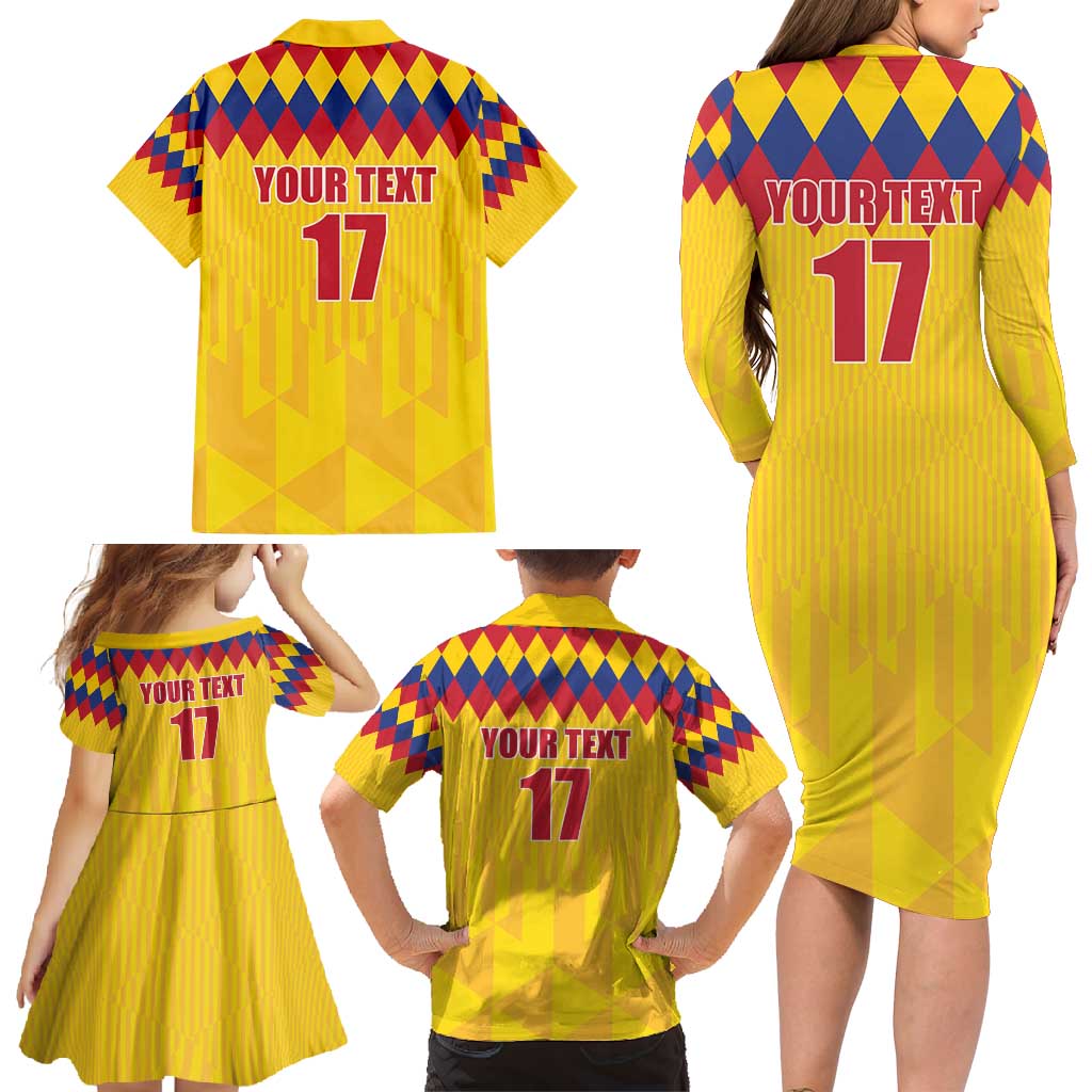 Custom Colombia Football Family Matching Long Sleeve Bodycon Dress and Hawaiian Shirt Retro Yellow Style