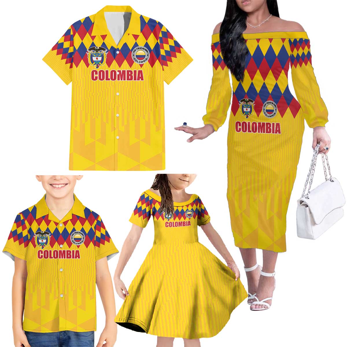 Custom Colombia Football Family Matching Off The Shoulder Long Sleeve Dress and Hawaiian Shirt Retro Yellow Style