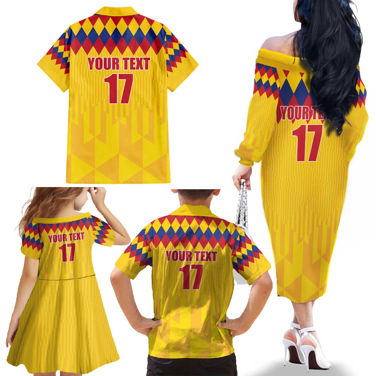Custom Colombia Football Family Matching Off The Shoulder Long Sleeve Dress and Hawaiian Shirt Retro Yellow Style