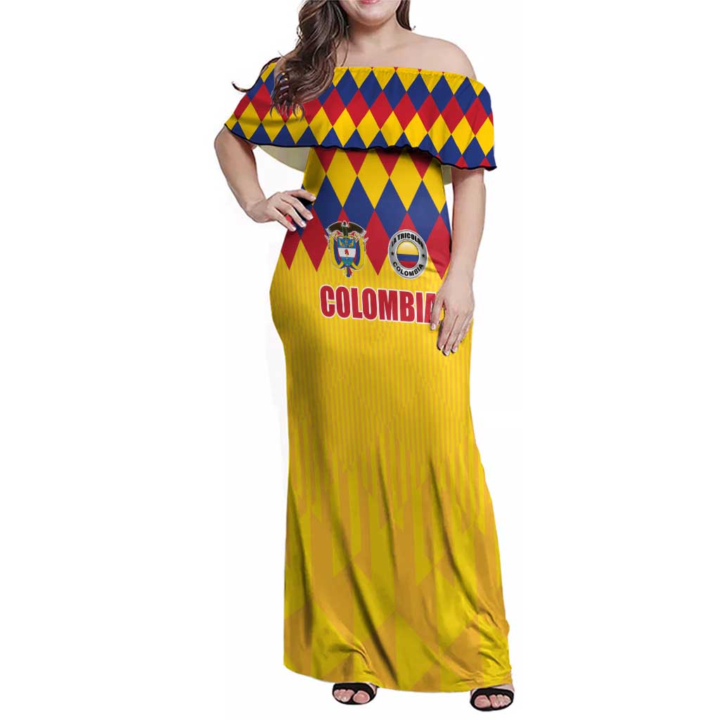 Custom Colombia Football Family Matching Off Shoulder Maxi Dress and Hawaiian Shirt Retro Yellow Style