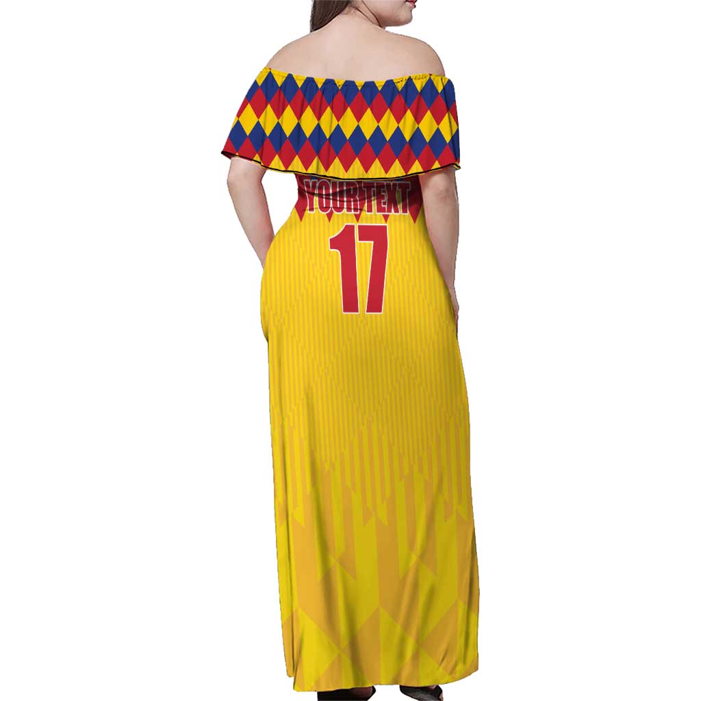 Custom Colombia Football Family Matching Off Shoulder Maxi Dress and Hawaiian Shirt Retro Yellow Style