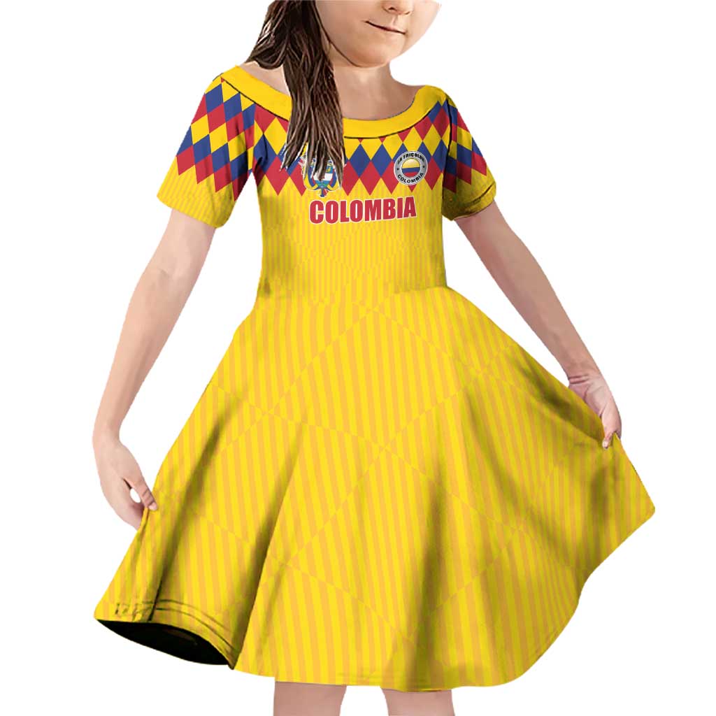 Custom Colombia Football Family Matching Off Shoulder Short Dress and Hawaiian Shirt Retro Yellow Style