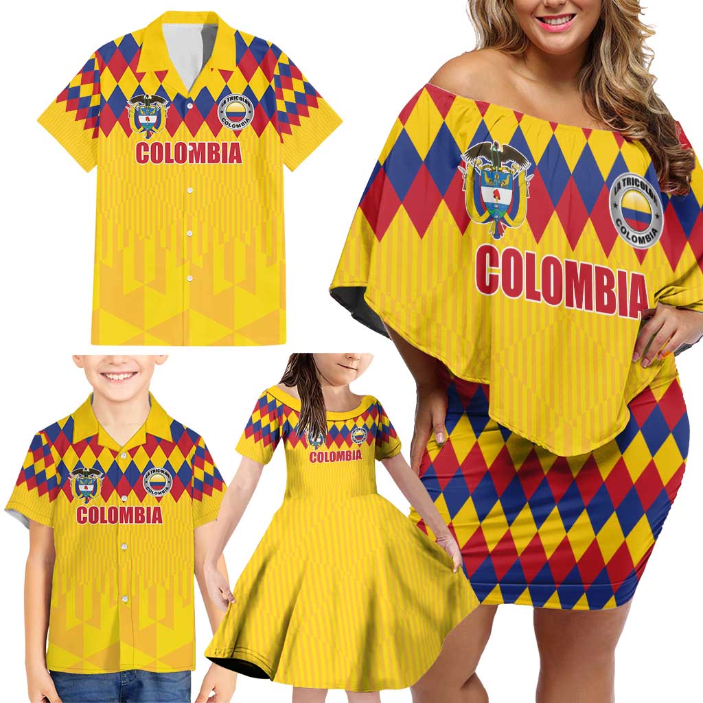 Custom Colombia Football Family Matching Off Shoulder Short Dress and Hawaiian Shirt Retro Yellow Style