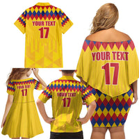 Custom Colombia Football Family Matching Off Shoulder Short Dress and Hawaiian Shirt Retro Yellow Style