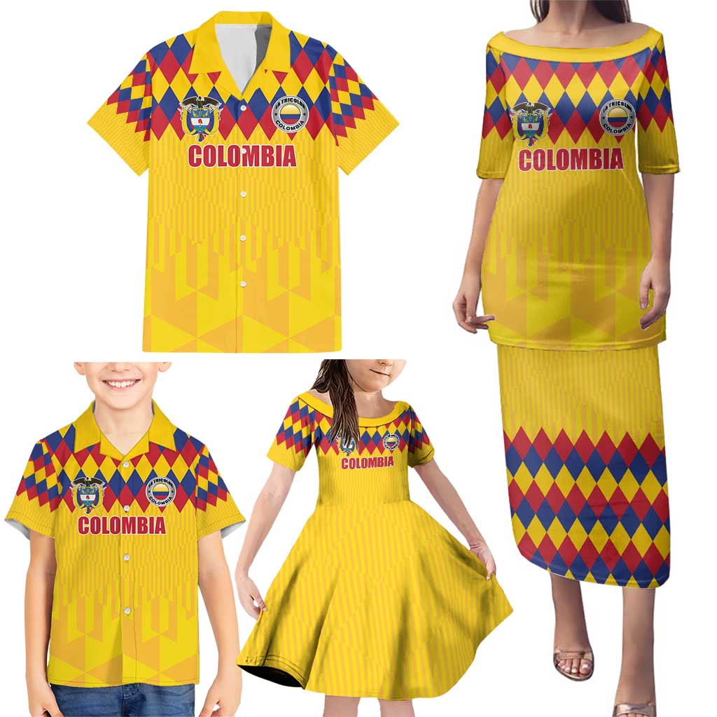 Custom Colombia Football Family Matching Puletasi and Hawaiian Shirt Retro Yellow Style
