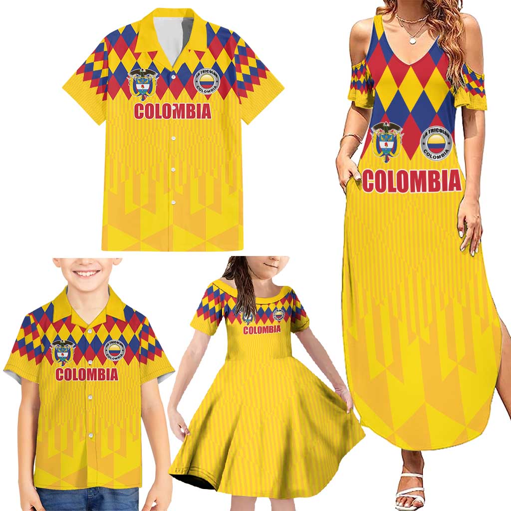 Custom Colombia Football Family Matching Summer Maxi Dress and Hawaiian Shirt Retro Yellow Style