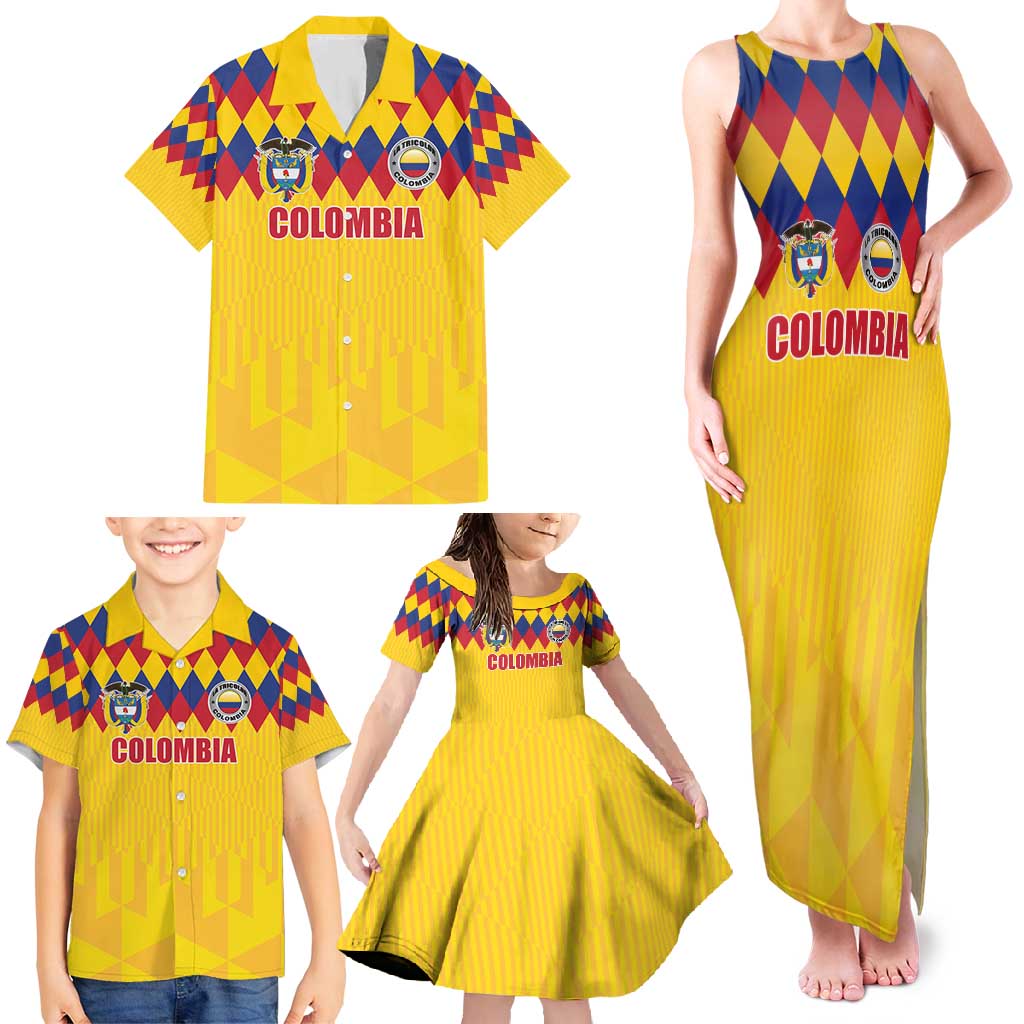 Custom Colombia Football Family Matching Tank Maxi Dress and Hawaiian Shirt Retro Yellow Style