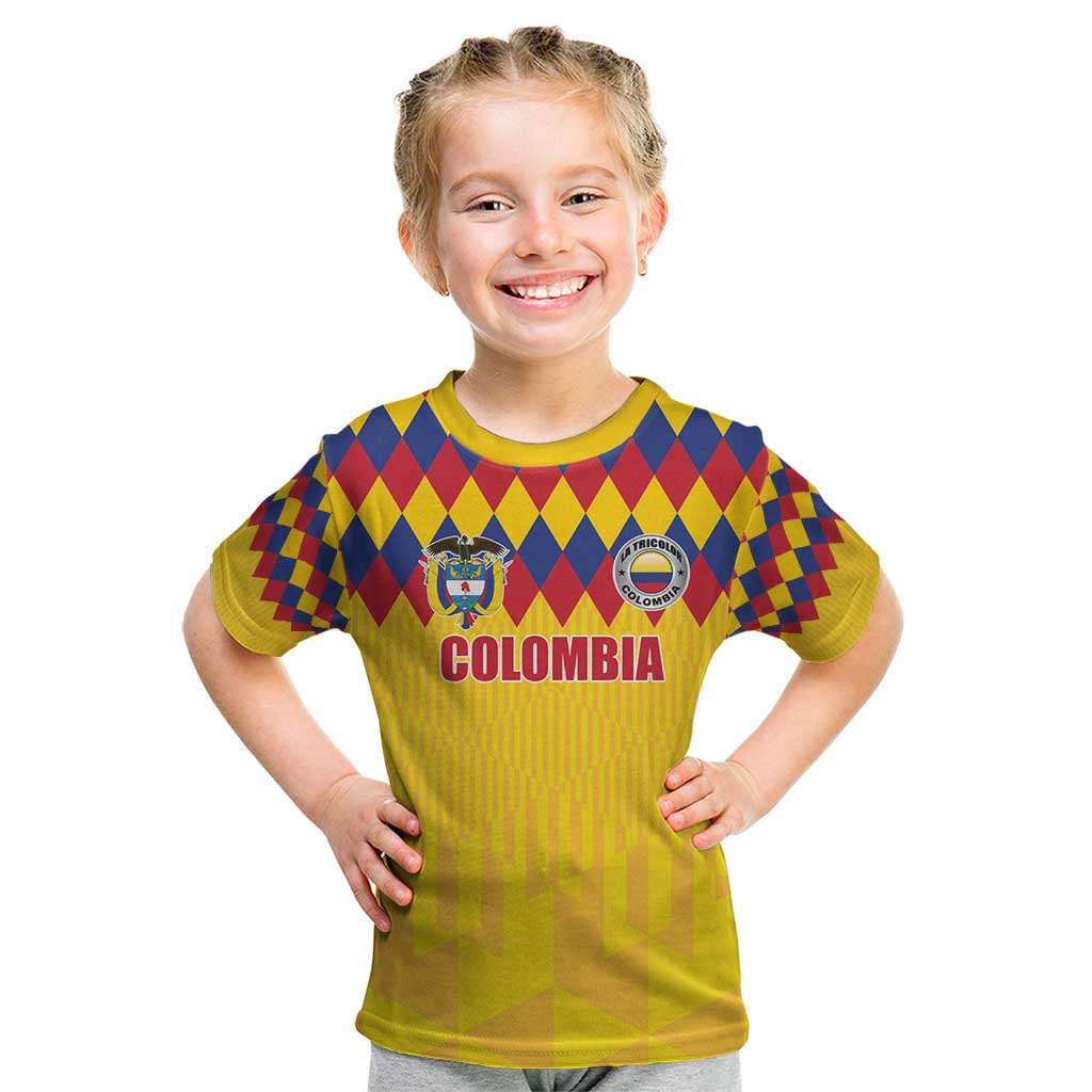 Custom Colombia Football Kid T Shirt Retro Yellow Style