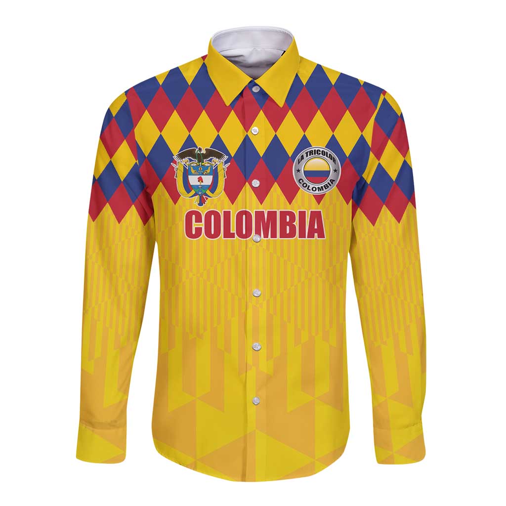 Custom Colombia Football Long Sleeve Button Shirt Retro Yellow Style