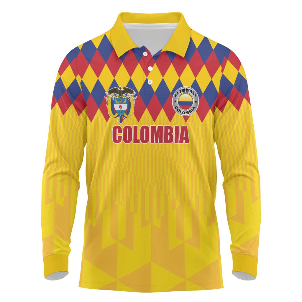 Custom Colombia Football Long Sleeve Polo Shirt Retro Yellow Style