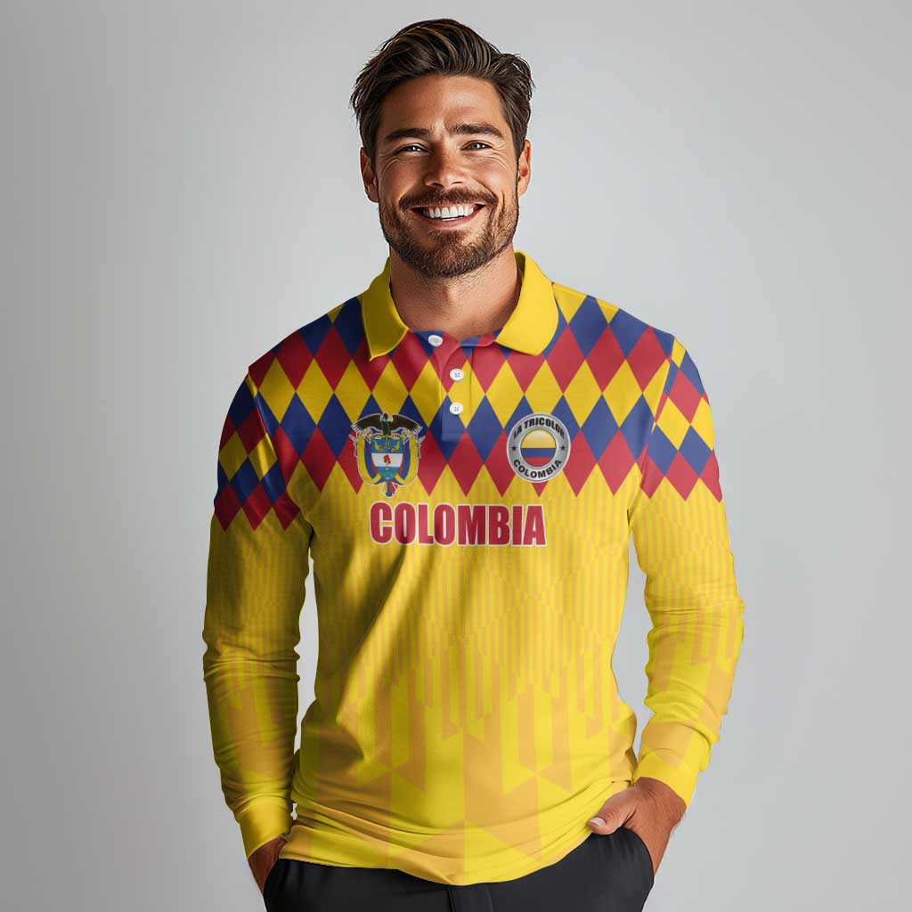 Custom Colombia Football Long Sleeve Polo Shirt Retro Yellow Style