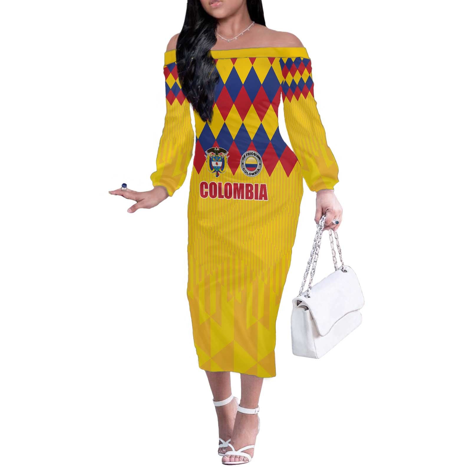 Custom Colombia Football Off The Shoulder Long Sleeve Dress Retro Yellow Style