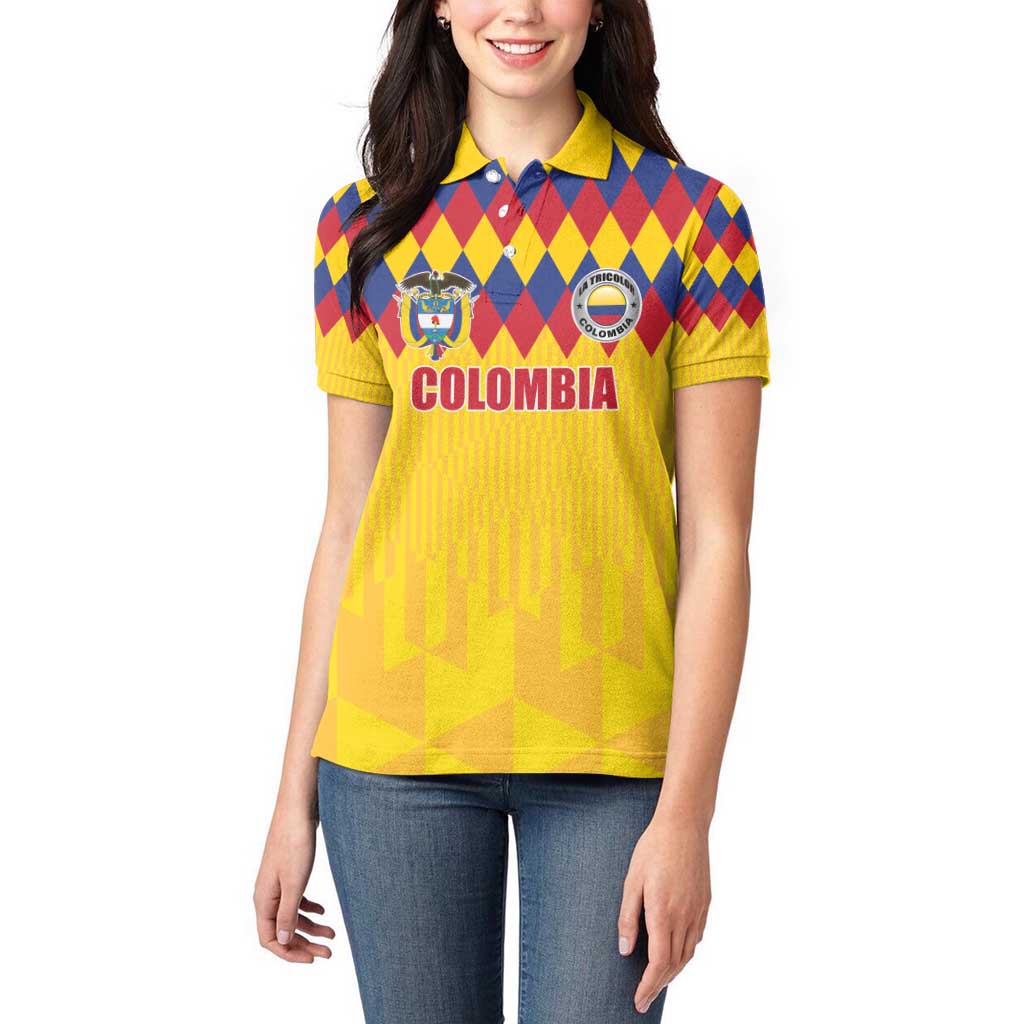 Custom Colombia Football Women Polo Shirt Retro Yellow Style