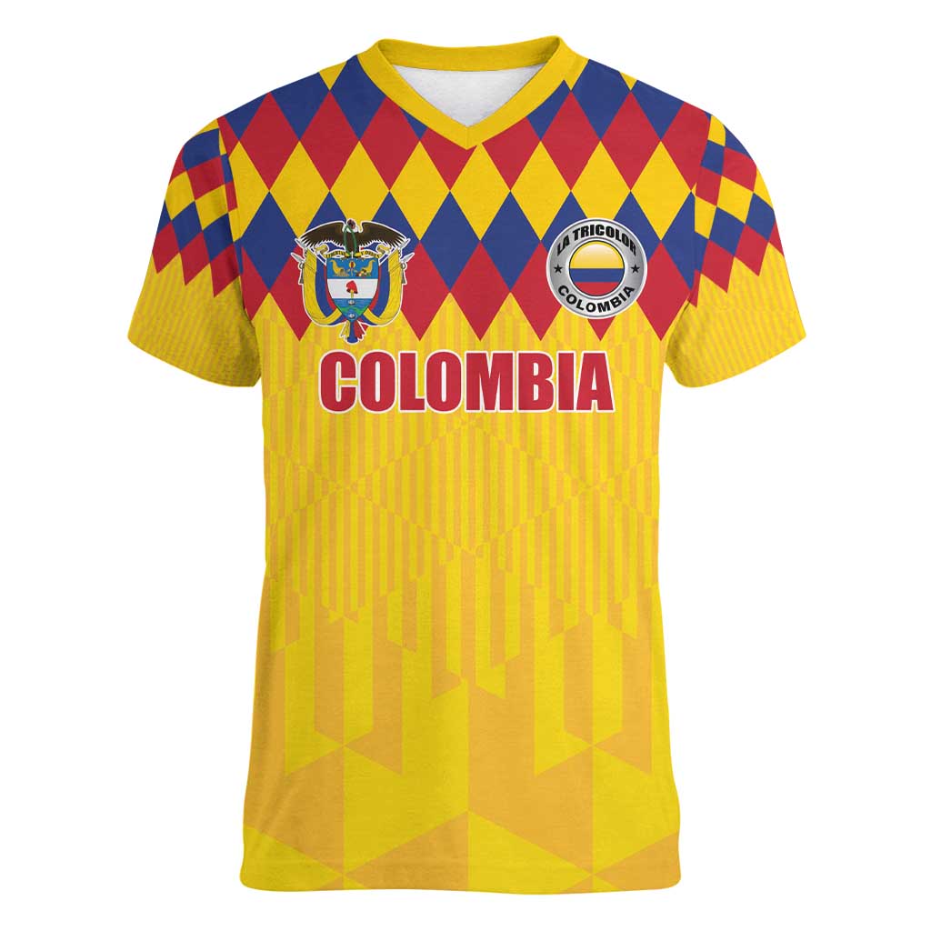 Custom Colombia Football Women V-Neck T-Shirt Retro Yellow Style