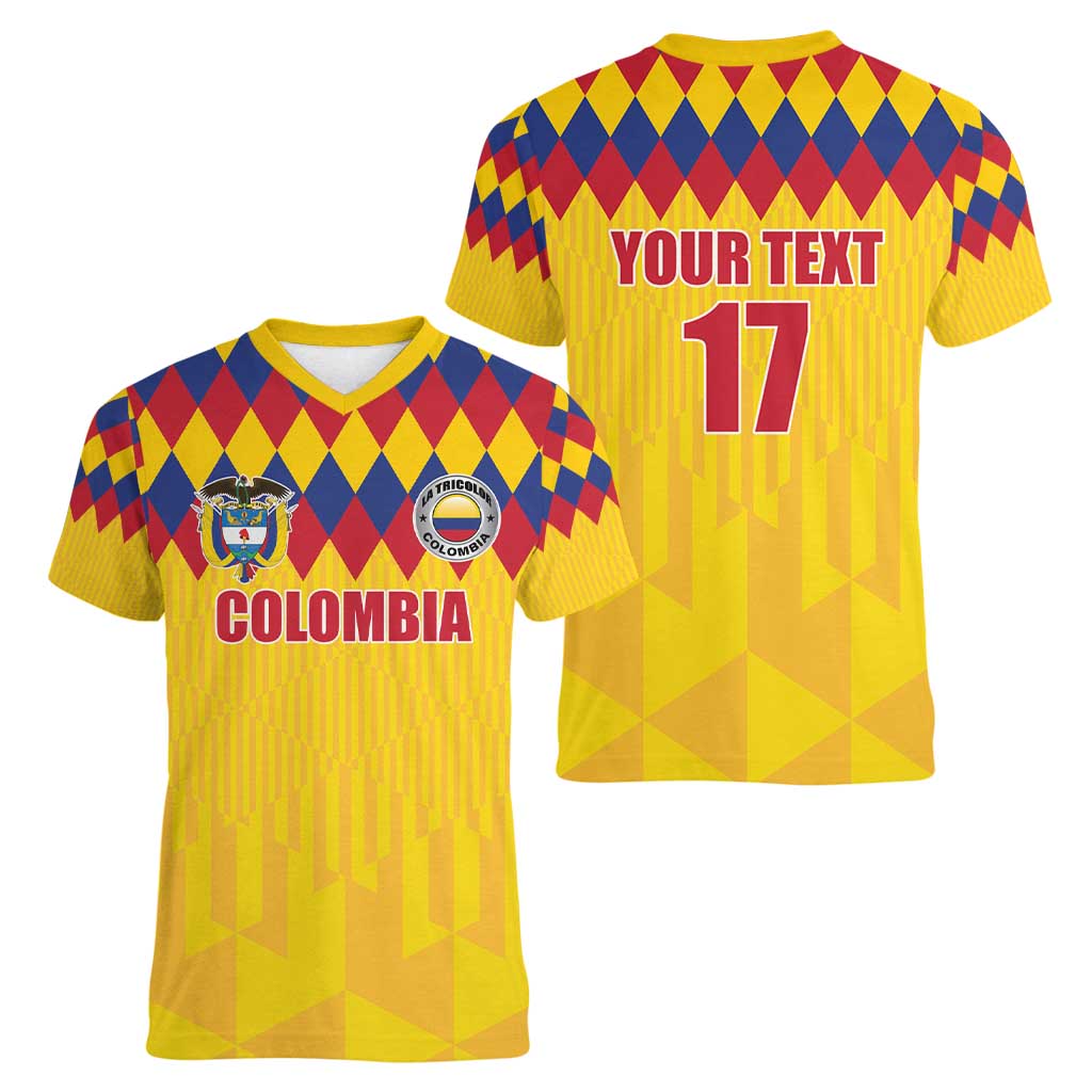 Custom Colombia Football Women V-Neck T-Shirt Retro Yellow Style