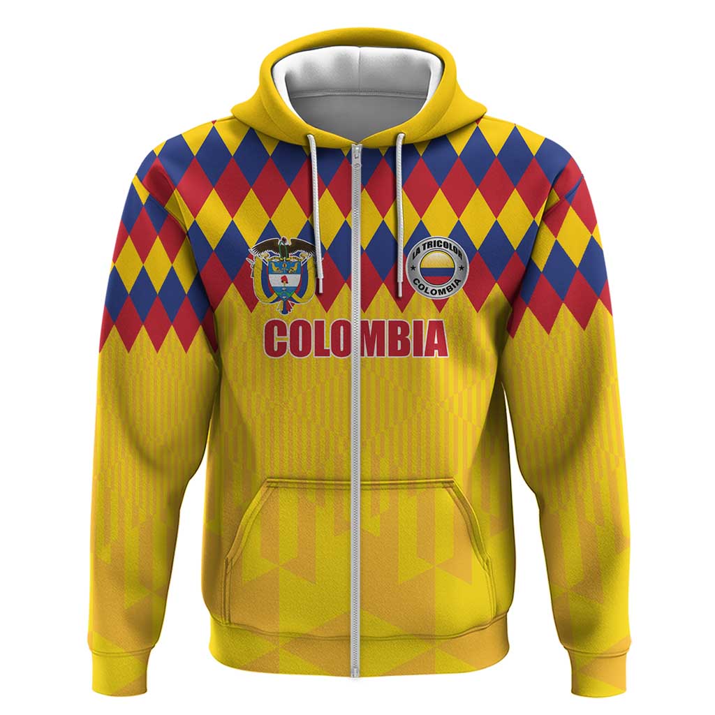Custom Colombia Football Zip Hoodie Retro Yellow Style