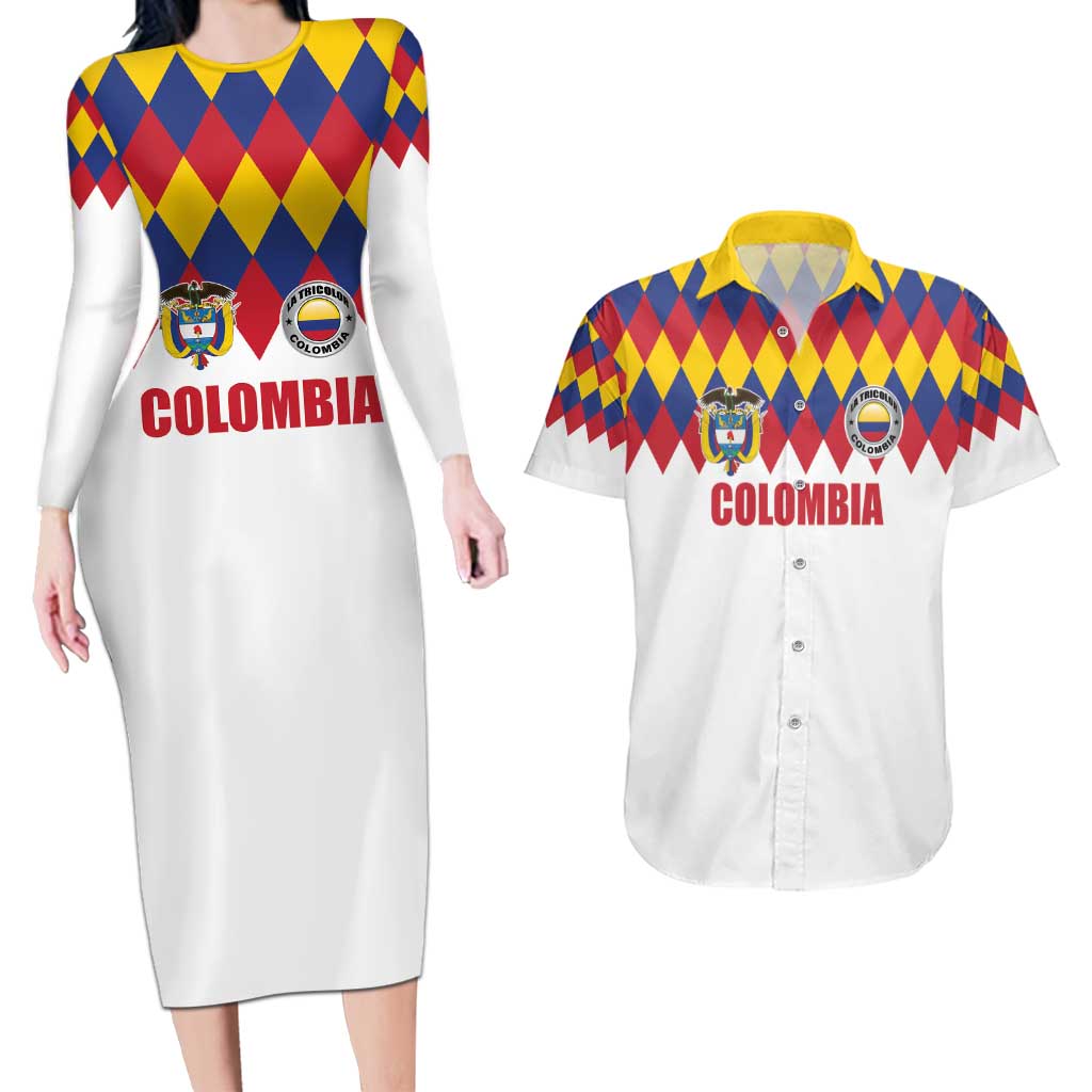 Custom Colombia Football Couples Matching Long Sleeve Bodycon Dress and Hawaiian Shirt Retro White Style