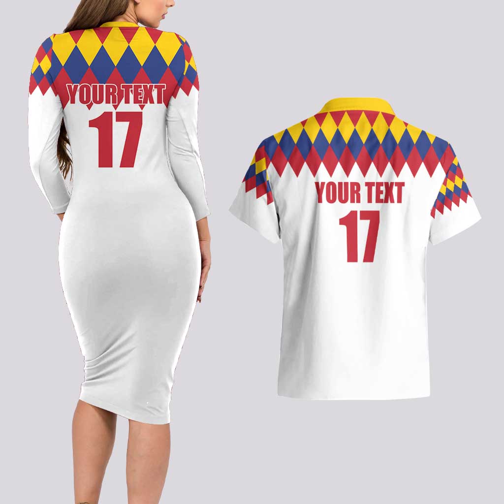 Custom Colombia Football Couples Matching Long Sleeve Bodycon Dress and Hawaiian Shirt Retro White Style