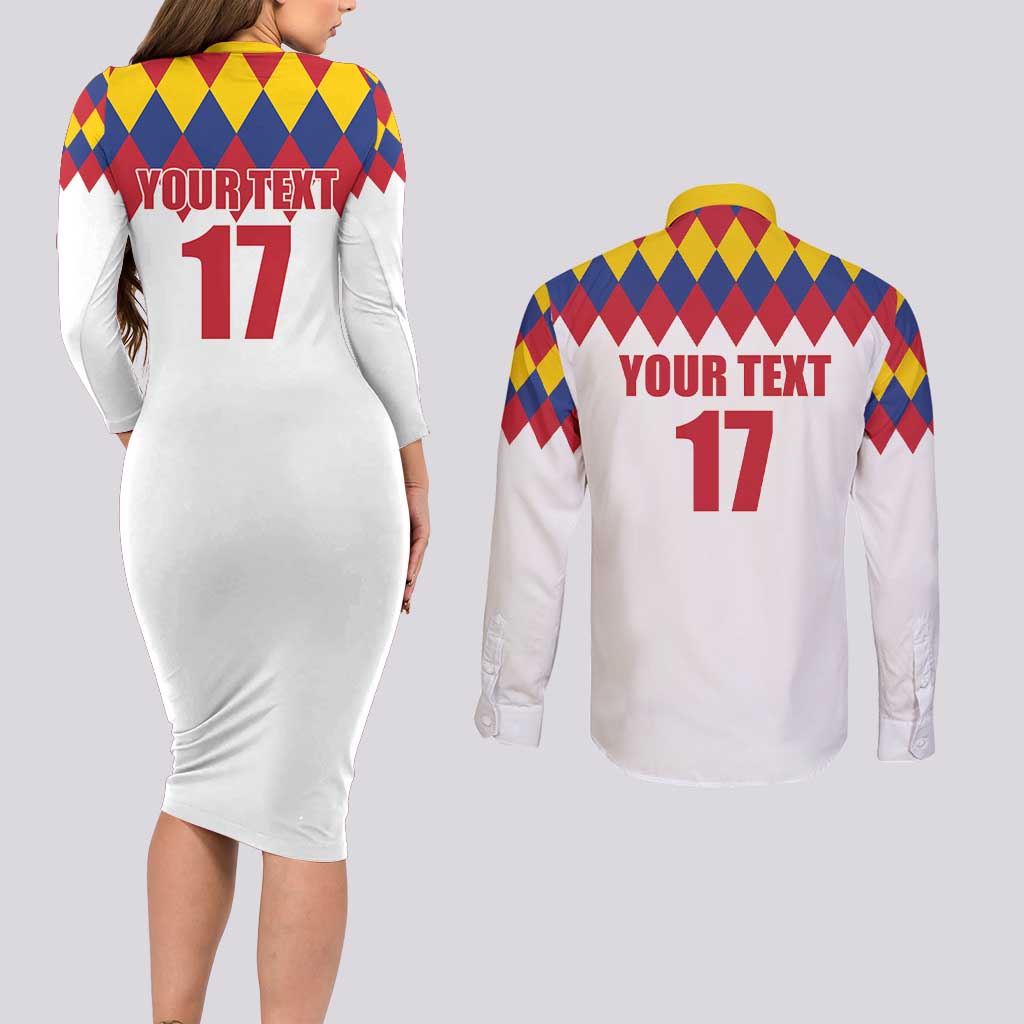 Custom Colombia Football Couples Matching Long Sleeve Bodycon Dress and Long Sleeve Button Shirt Retro White Style