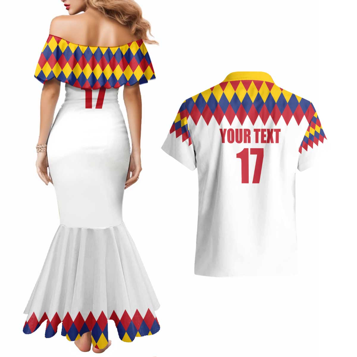 Custom Colombia Football Couples Matching Mermaid Dress and Hawaiian Shirt Retro White Style