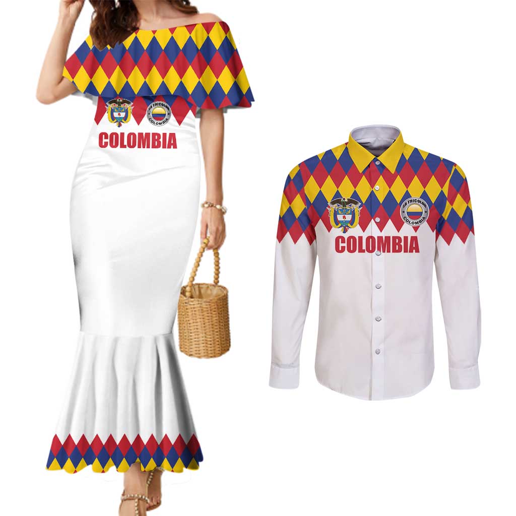 Custom Colombia Football Couples Matching Mermaid Dress and Long Sleeve Button Shirt Retro White Style
