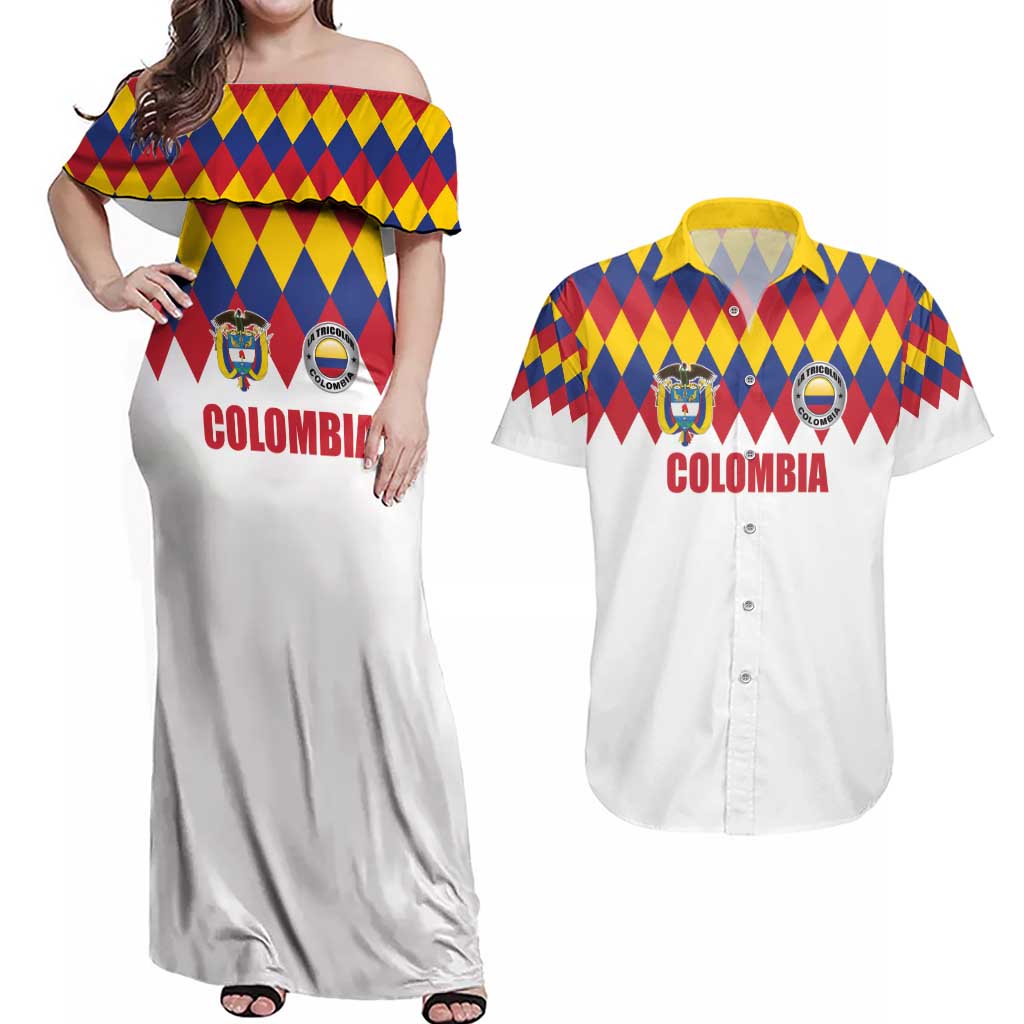 Custom Colombia Football Couples Matching Off Shoulder Maxi Dress and Hawaiian Shirt Retro White Style