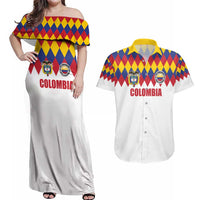 Custom Colombia Football Couples Matching Off Shoulder Maxi Dress and Hawaiian Shirt Retro White Style
