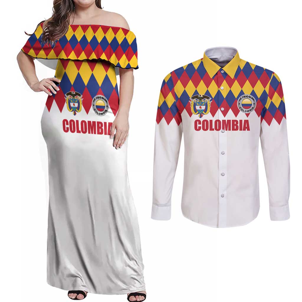 Custom Colombia Football Couples Matching Off Shoulder Maxi Dress and Long Sleeve Button Shirt Retro White Style