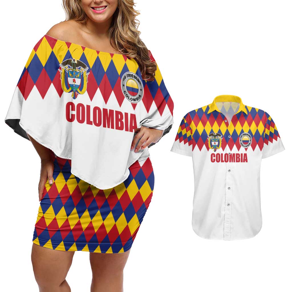 Custom Colombia Football Couples Matching Off Shoulder Short Dress and Hawaiian Shirt Retro White Style