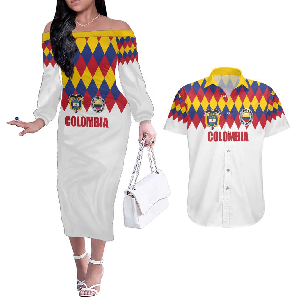 Custom Colombia Football Couples Matching Off The Shoulder Long Sleeve Dress and Hawaiian Shirt Retro White Style