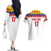 Custom Colombia Football Couples Matching Off The Shoulder Long Sleeve Dress and Hawaiian Shirt Retro White Style