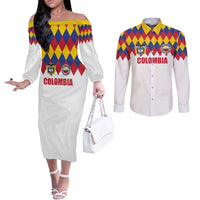 Custom Colombia Football Couples Matching Off The Shoulder Long Sleeve Dress and Long Sleeve Button Shirt Retro White Style