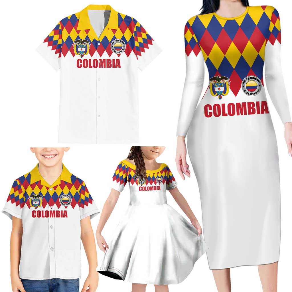 Custom Colombia Football Family Matching Long Sleeve Bodycon Dress and Hawaiian Shirt Retro White Style