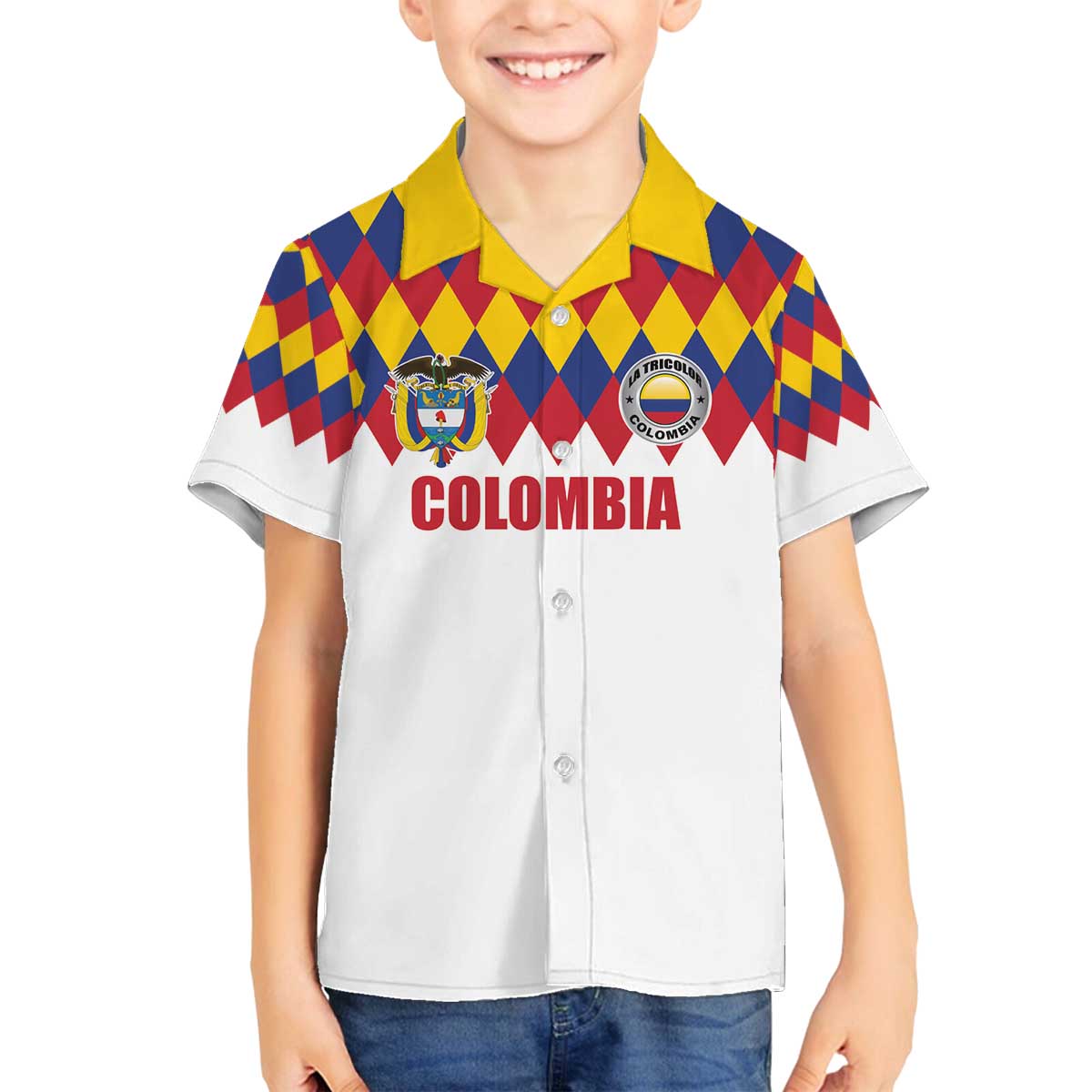 Custom Colombia Football Family Matching Off The Shoulder Long Sleeve Dress and Hawaiian Shirt Retro White Style