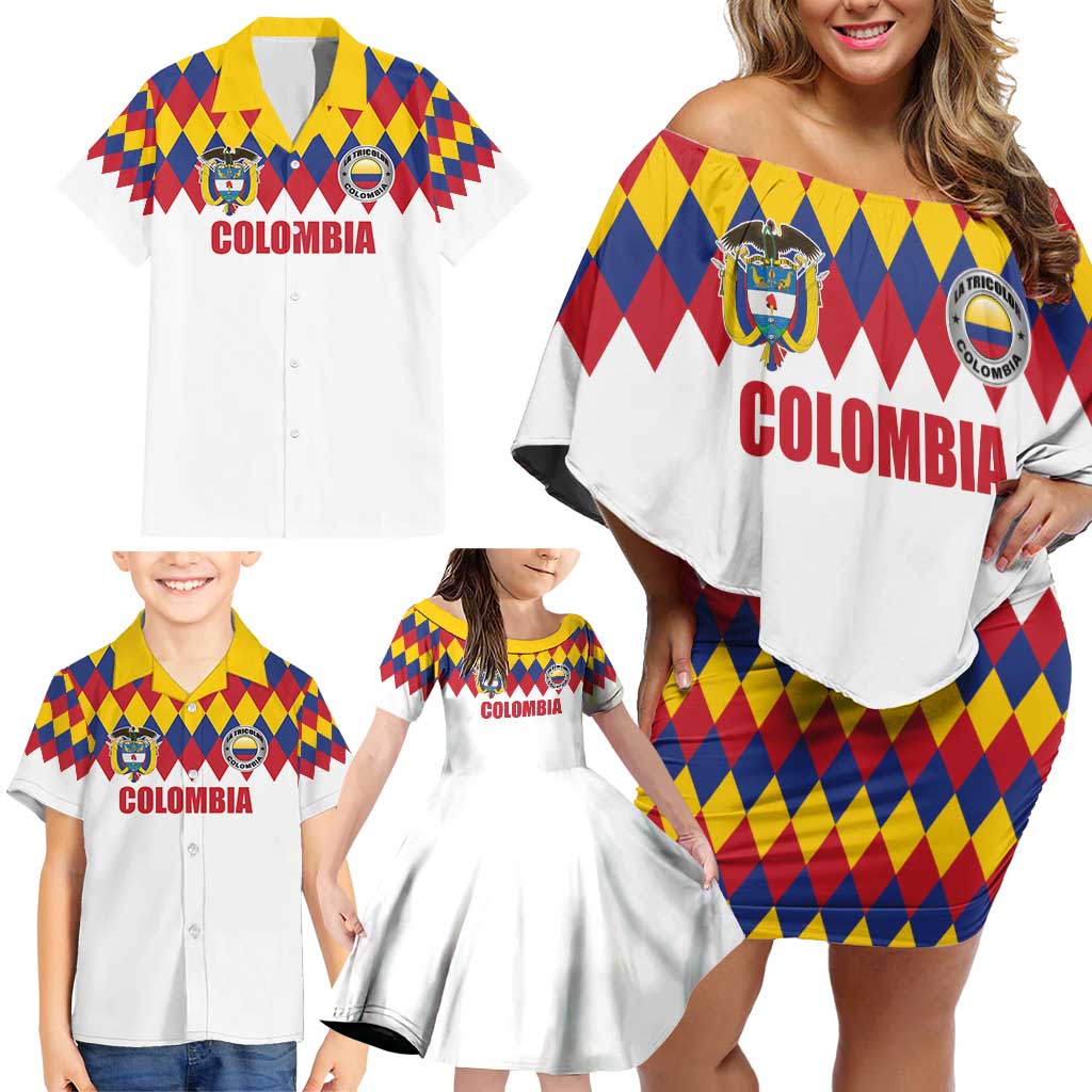 Custom Colombia Football Family Matching Off Shoulder Short Dress and Hawaiian Shirt Retro White Style