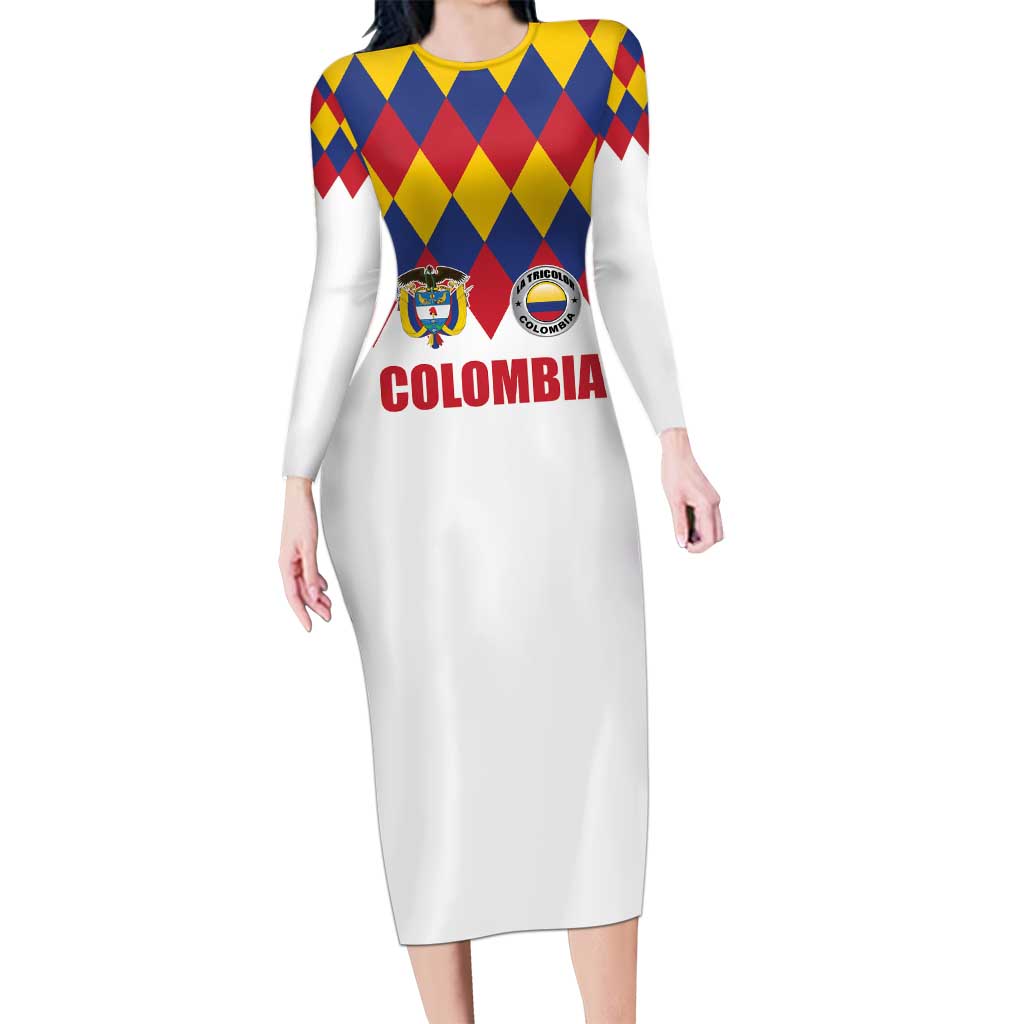 Custom Colombia Football Long Sleeve Bodycon Dress Retro White Style
