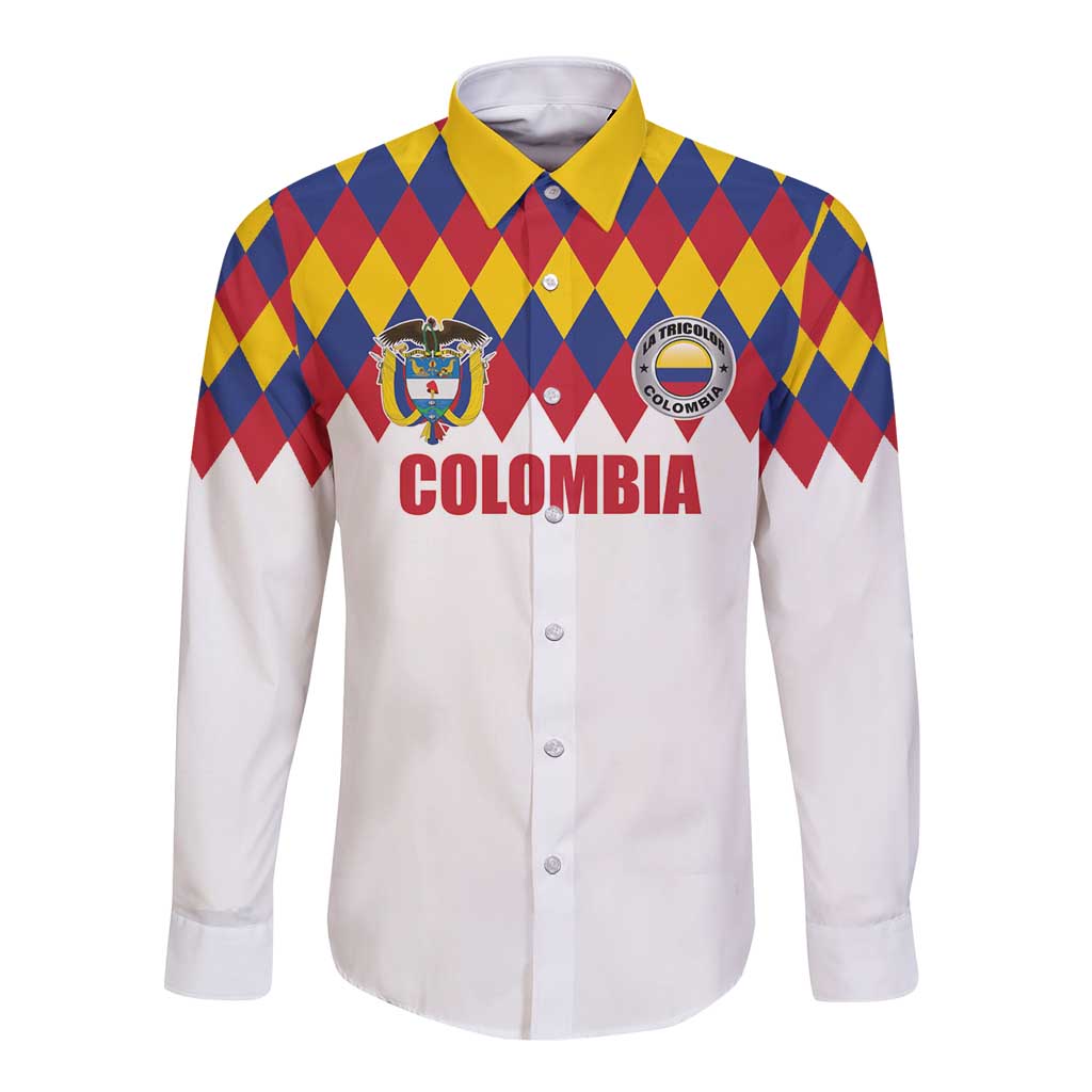 Custom Colombia Football Long Sleeve Button Shirt Retro White Style