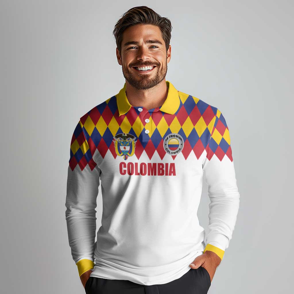 Custom Colombia Football Long Sleeve Polo Shirt Retro White Style