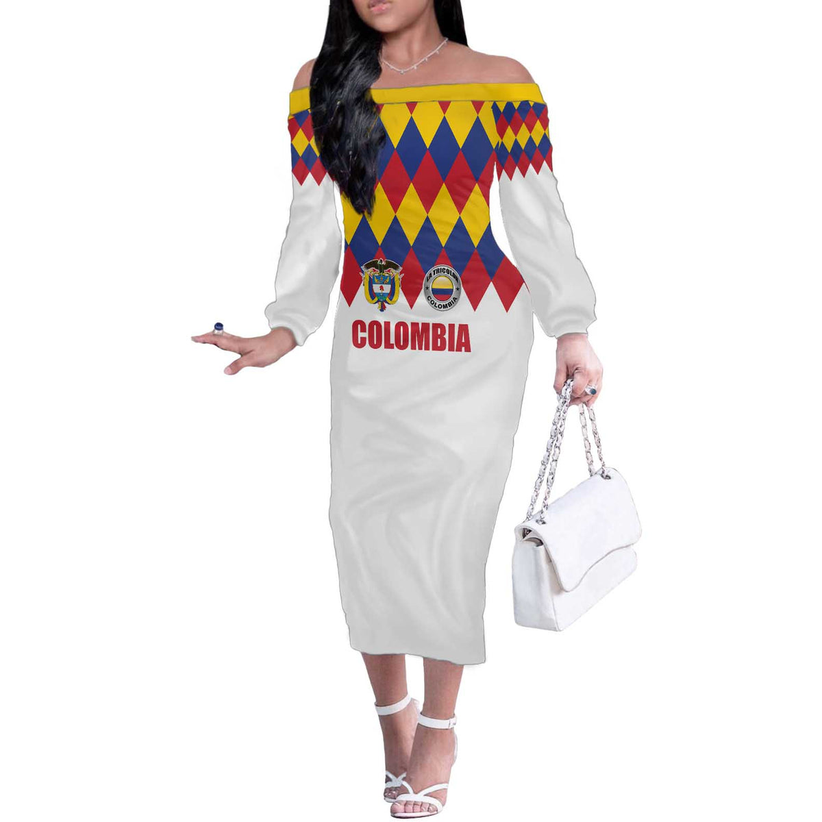 Custom Colombia Football Off The Shoulder Long Sleeve Dress Retro White Style
