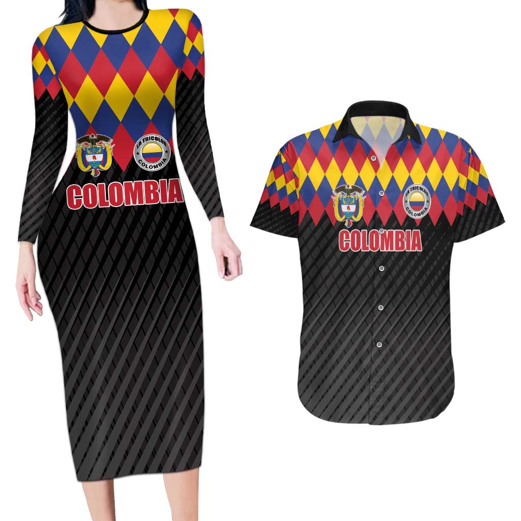 Custom Colombia Football Couples Matching Long Sleeve Bodycon Dress and Hawaiian Shirt Retro Black Style