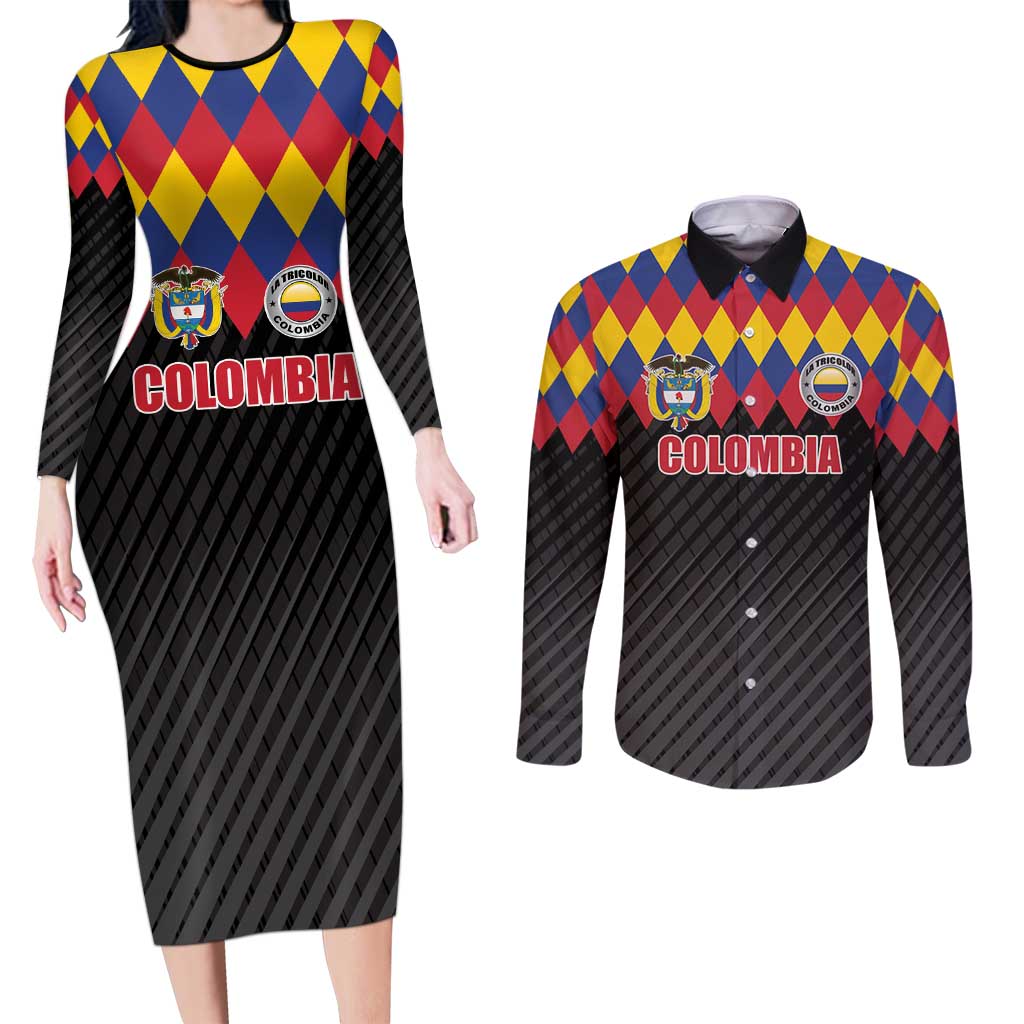 Custom Colombia Football Couples Matching Long Sleeve Bodycon Dress and Long Sleeve Button Shirt Retro Black Style