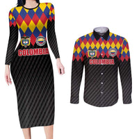 Custom Colombia Football Couples Matching Long Sleeve Bodycon Dress and Long Sleeve Button Shirt Retro Black Style