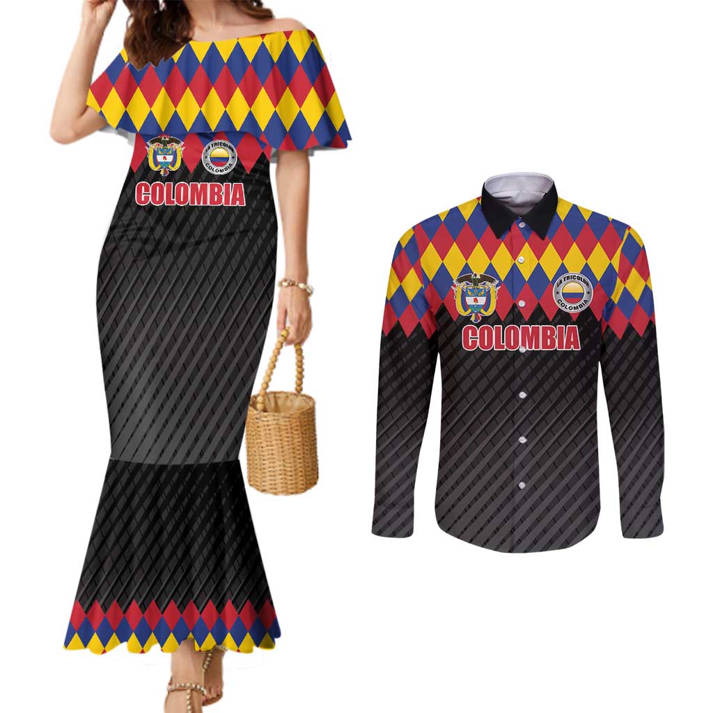 Custom Colombia Football Couples Matching Mermaid Dress and Long Sleeve Button Shirt Retro Black Style