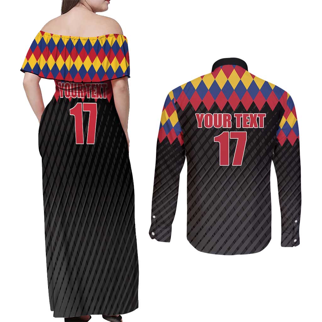 Custom Colombia Football Couples Matching Off Shoulder Maxi Dress and Long Sleeve Button Shirt Retro Black Style