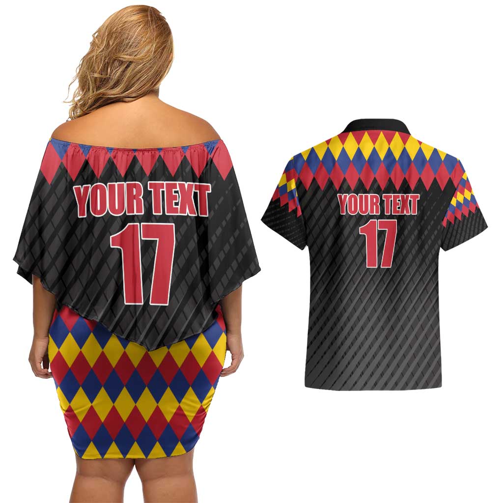 Custom Colombia Football Couples Matching Off Shoulder Short Dress and Hawaiian Shirt Retro Black Style