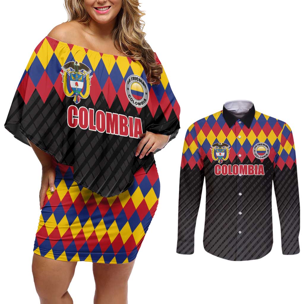 Custom Colombia Football Couples Matching Off Shoulder Short Dress and Long Sleeve Button Shirt Retro Black Style