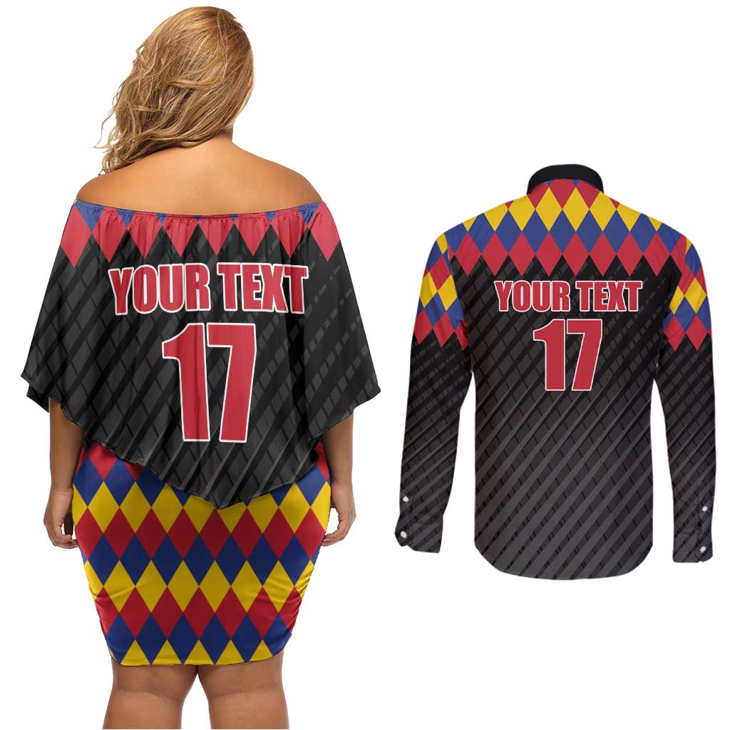 Custom Colombia Football Couples Matching Off Shoulder Short Dress and Long Sleeve Button Shirt Retro Black Style