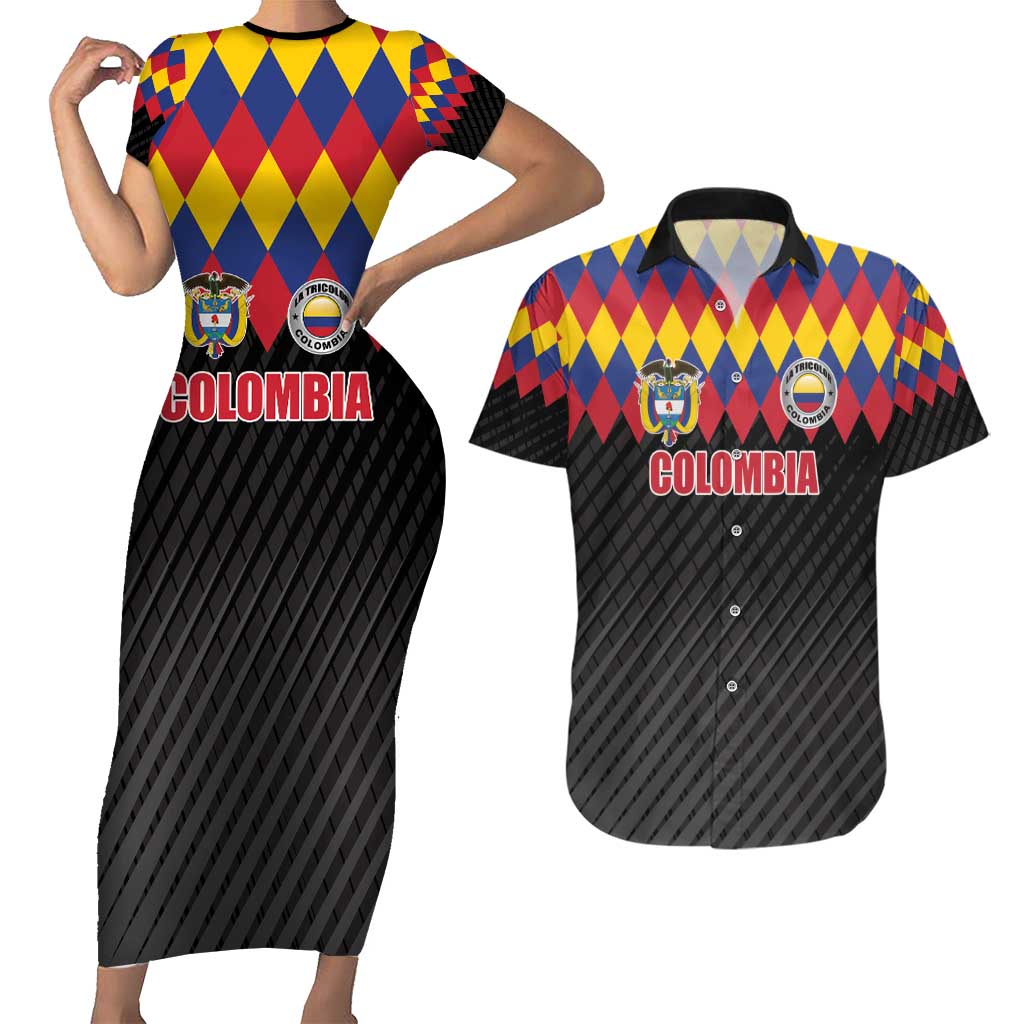 Custom Colombia Football Couples Matching Short Sleeve Bodycon Dress and Hawaiian Shirt Retro Black Style
