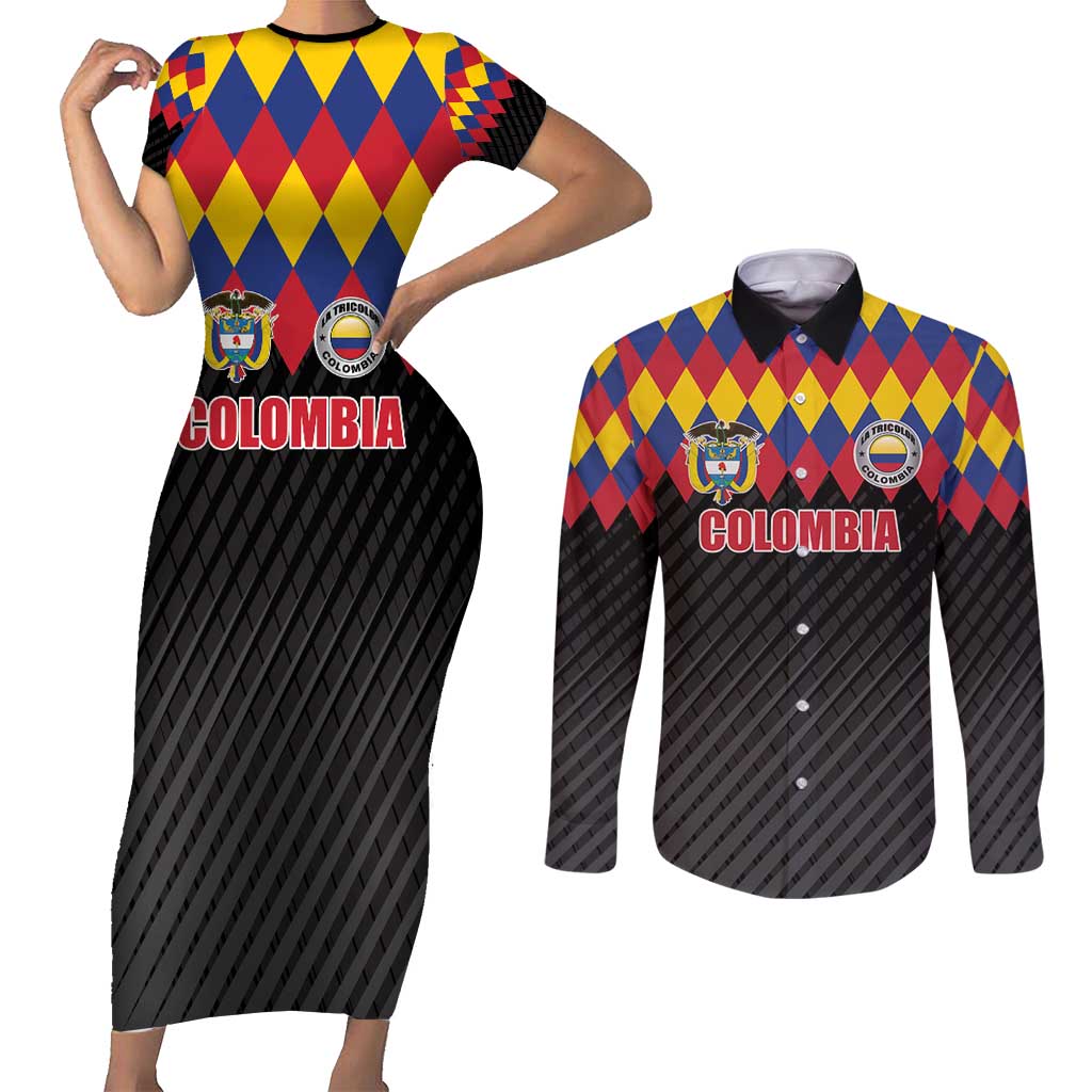 Custom Colombia Football Couples Matching Short Sleeve Bodycon Dress and Long Sleeve Button Shirt Retro Black Style