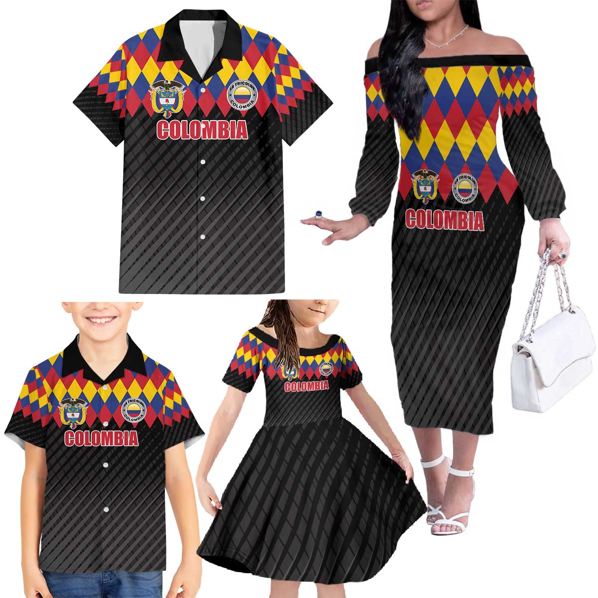 Custom Colombia Football Family Matching Off The Shoulder Long Sleeve Dress and Hawaiian Shirt Retro Black Style